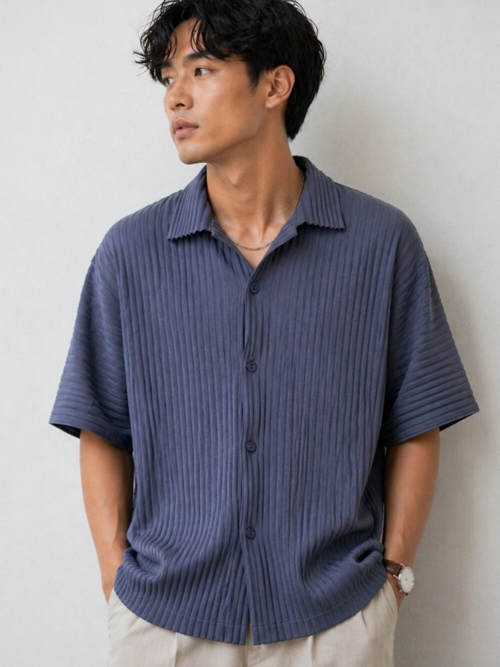 Manière De Voir Men Pleated Short Sleeve Button Up Shirt Blue Oversized Textured